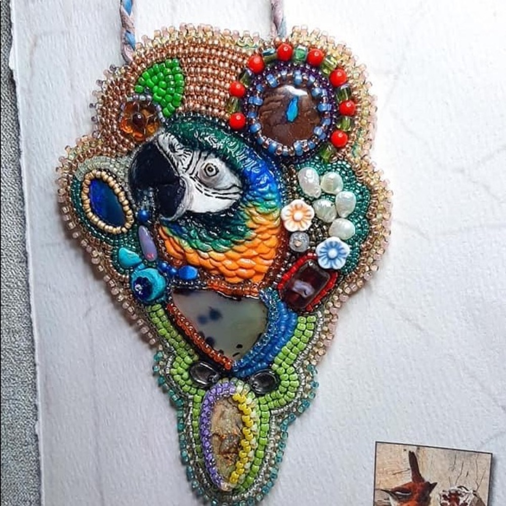 BEADED Opal Parrot Macaw Beadwork Necklace